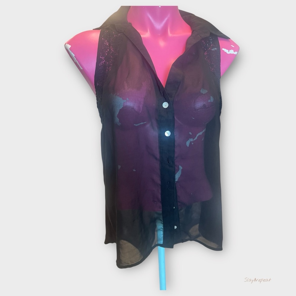 My Michelle Black Sheer Sleeveless Blouse Medium Lace Back Button Down Top